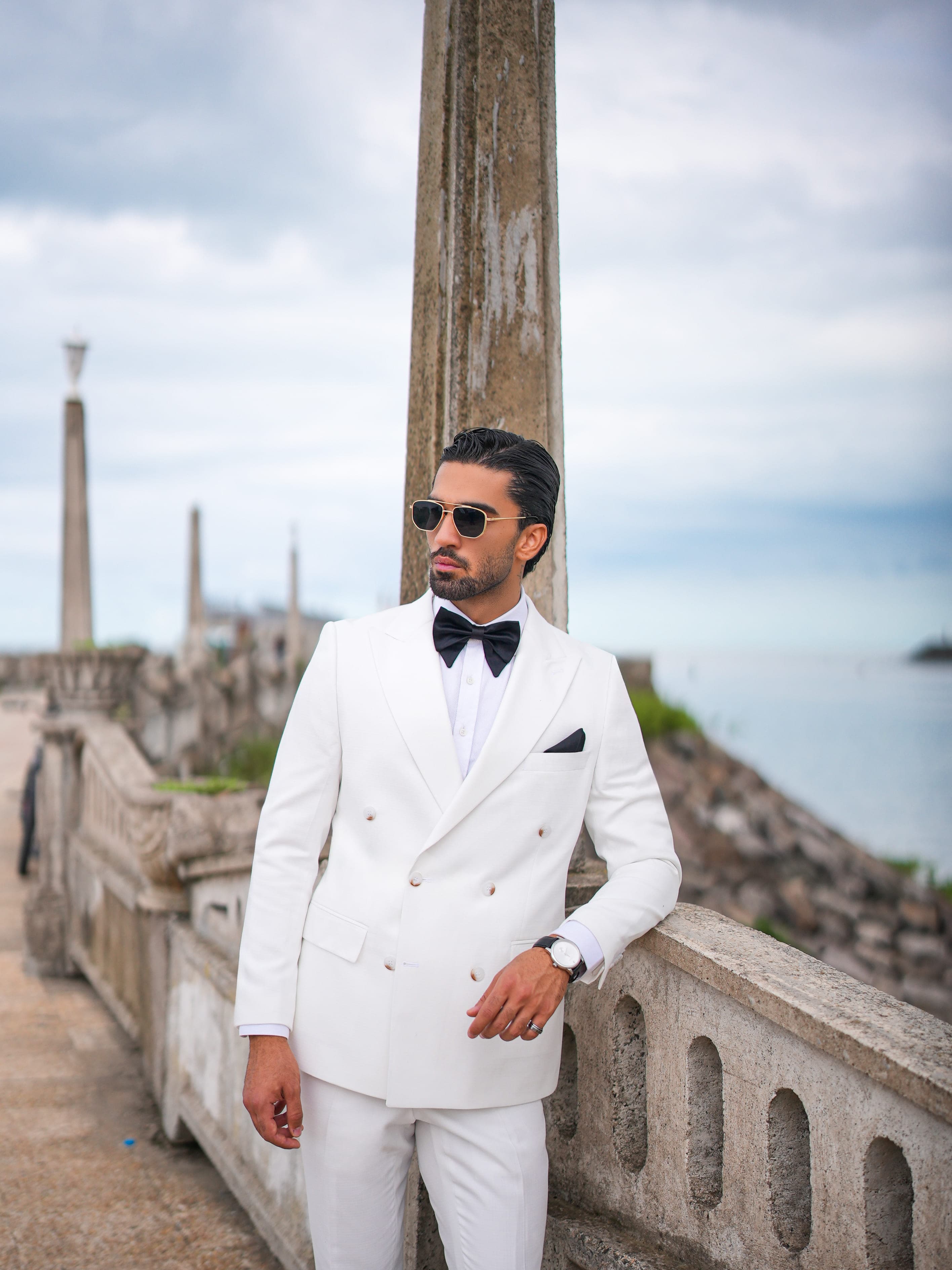 Three-piece navy suit with crisp finishing